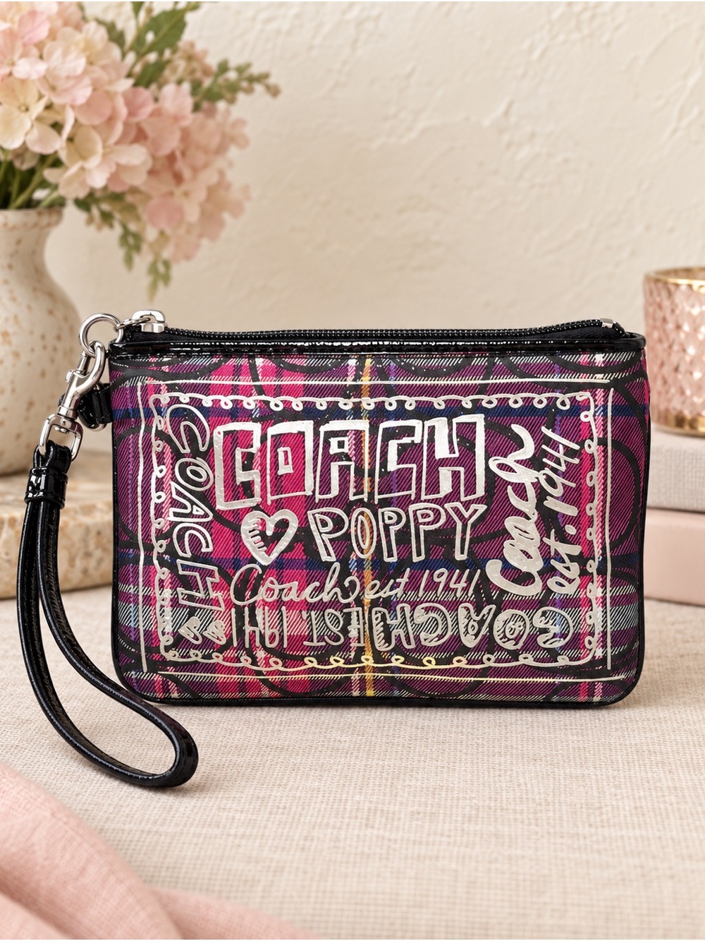 Coach Poppy Tartan Plaid Graffiti Wristlet Pink Purple Y2K